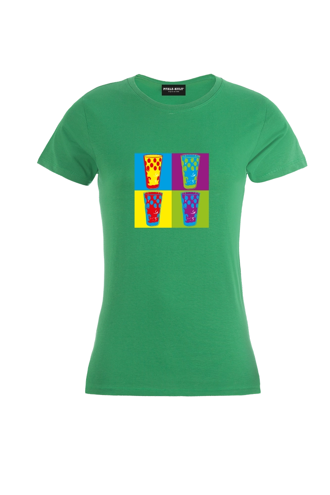 Pfalzshirt mit bunten Dubbegläsern auf grünem Pfalz T-Shirt der Marke Pfalz-Kult für Pfälzer  und Pfalzliebhaber