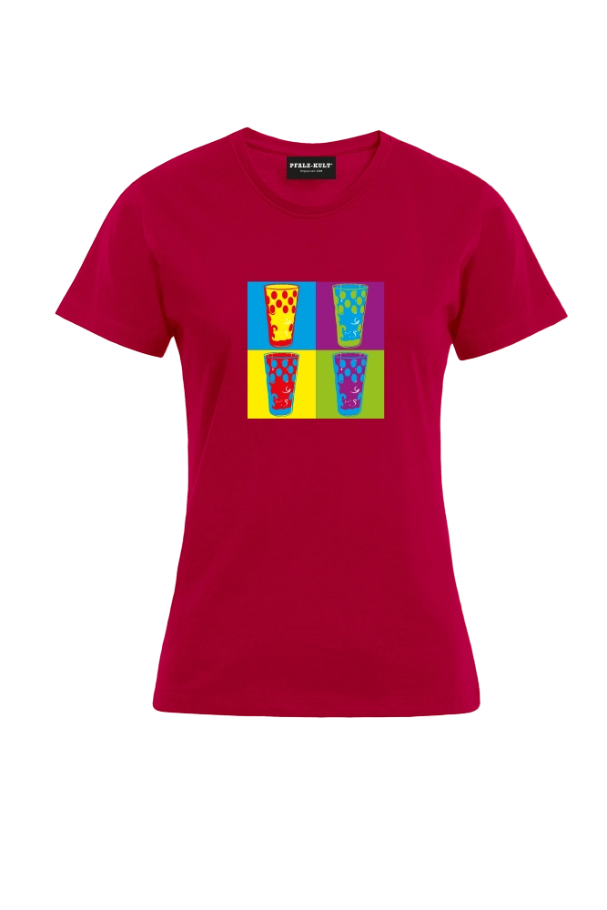 Pfalzshirt mit bunten Dubbegläsern auf rotem Pfalz T-Shirt der Marke Pfalz-Kult für Pfälzer  und Pfalzliebhaber