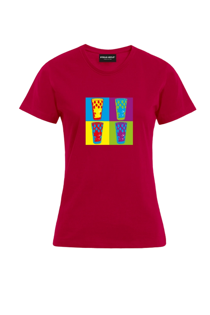 Pfalzshirt mit bunten Dubbegläsern auf rotem Pfalz T-Shirt der Marke Pfalz-Kult für Pfälzer  und Pfalzliebhaber