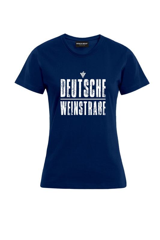 Dunkelblaues T-Shirt mit dem Aufdruck "Deutsche Weinstrasse" .  Das ideale Geschenk für jedes Pfalzkind vom Textildruck Spezialisten aus Bad Dürkheim.