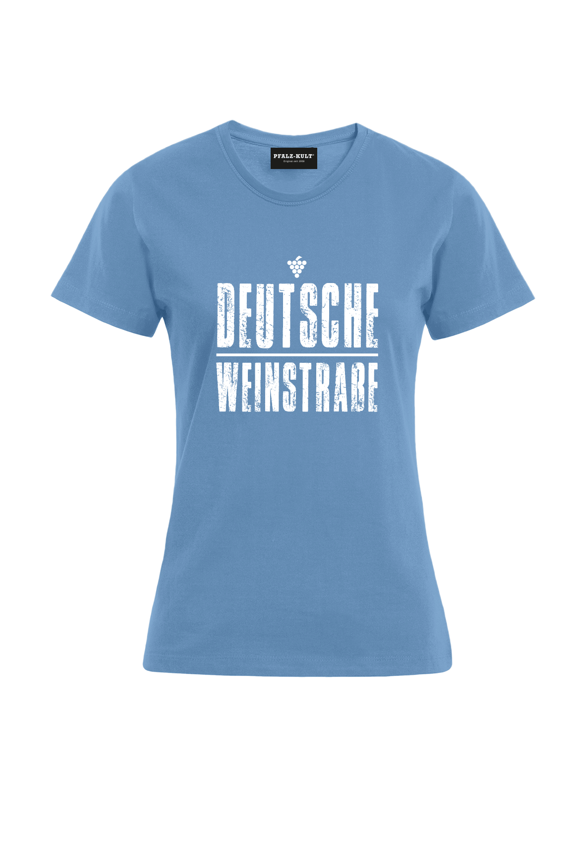 Hellblaues T-Shirt mit dem Aufdruck "Deutsche Weinstrasse" .  Das ideale Geschenk für jedes Pfalzkind vom Textildruck Spezialisten aus Bad Dürkheim.