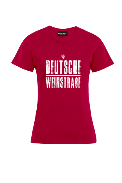 Rotes T-Shirt mit dem Aufdruck "Deutsche Weinstrasse" .  Das ideale Geschenk für jedes Pfalzkind vom Textildruck Spezialisten aus Bad Dürkheim.