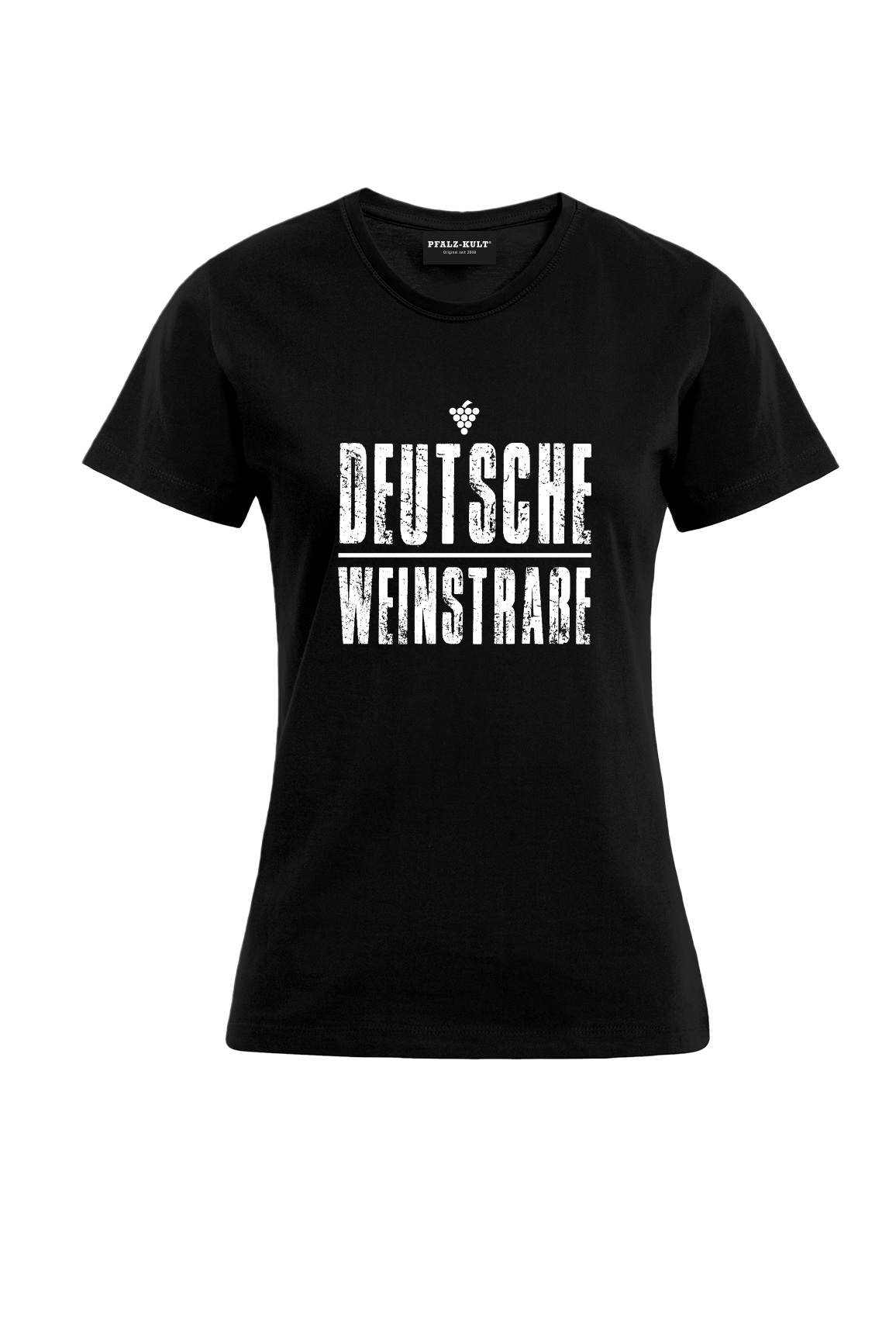 Schwarzes T-Shirt mit dem Aufdruck "Deutsche Weinstrasse" .  Das ideale Geschenk für jedes Pfalzkind vom Textildruck Spezialisten aus Bad Dürkheim.