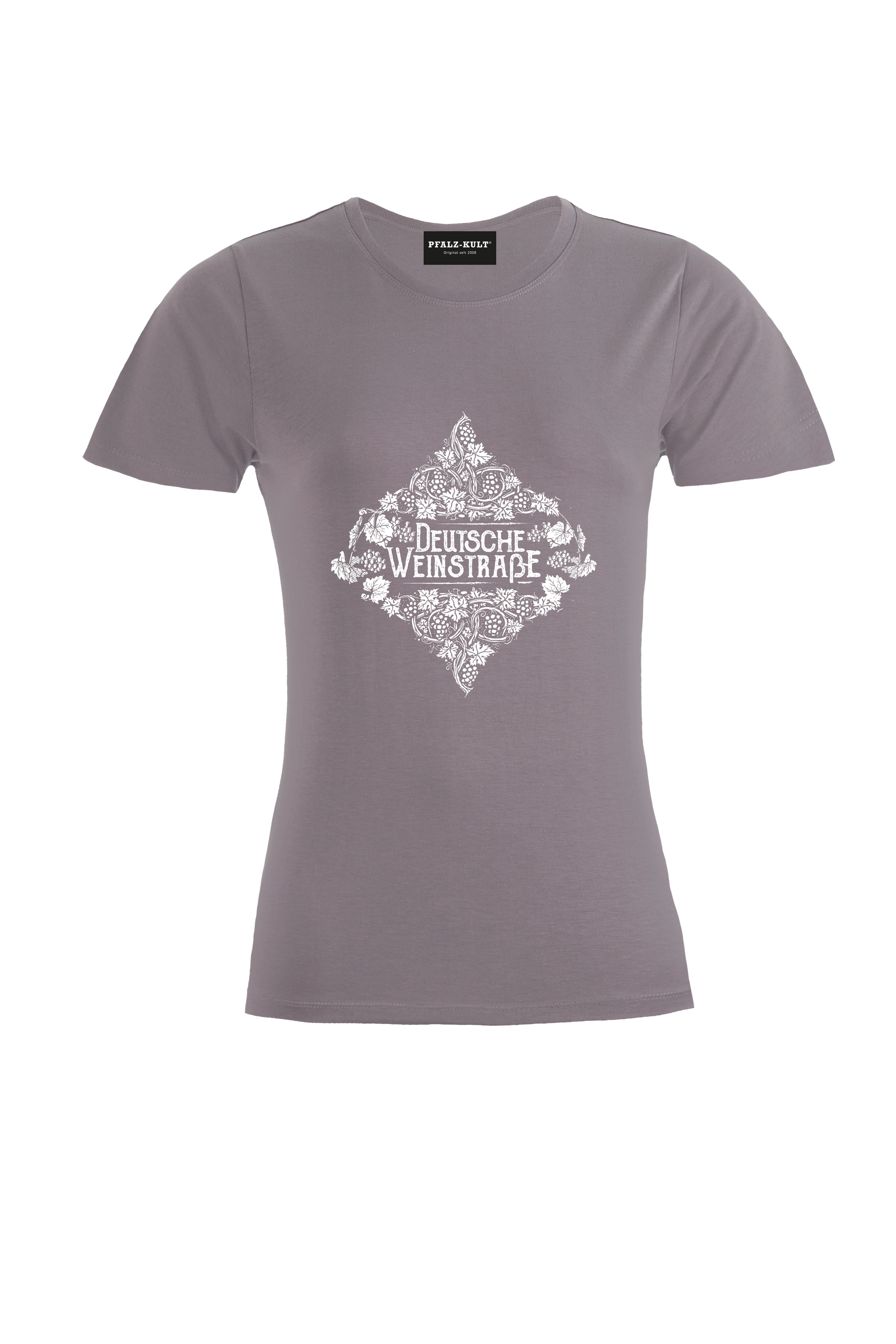 Hellgraues Pfalz-Kult Damen Shirt mit dem Aufdruck "Deutsche Weinstrasse" .  Das ideale Geschenk für jedes Pfalzkind vom Textildruck Spezialisten aus Bad Dürkheim.