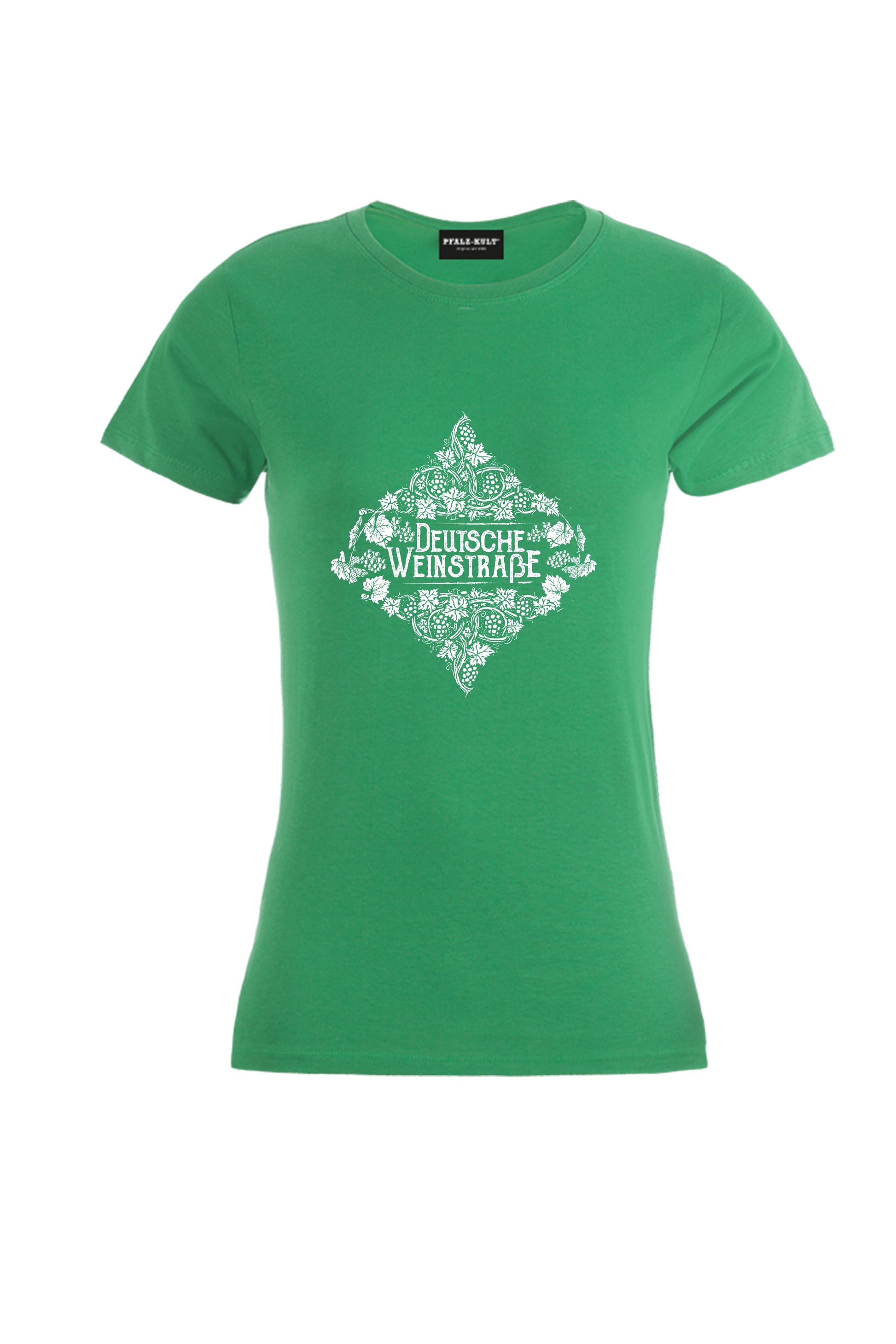 Grünes Pfalz-Kult Damen Shirt mit dem Aufdruck "Deutsche Weinstrasse" .  Das ideale Geschenk für jedes Pfalzkind vom Textildruck Spezialisten aus Bad Dürkheim.