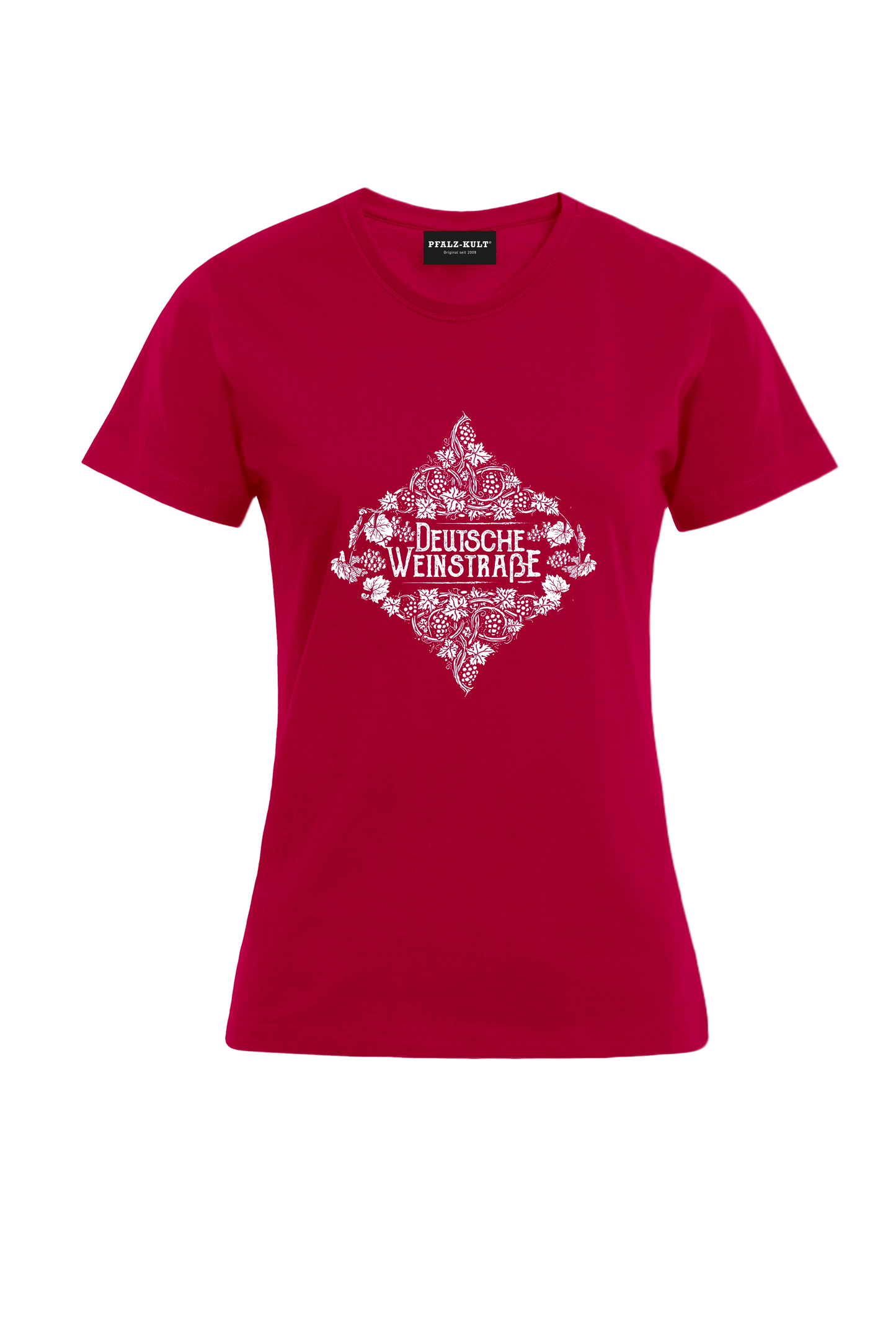 Rotes Pfalz-Kult Damen Shirt mit dem Aufdruck "Deutsche Weinstrasse" .  Das ideale Geschenk für jedes Pfalzkind vom Textildruck Spezialisten aus Bad Dürkheim.
