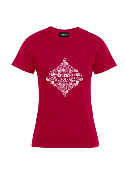 Rotes Pfalz-Kult Damen Shirt mit dem Aufdruck "Deutsche Weinstrasse" .  Das ideale Geschenk für jedes Pfalzkind vom Textildruck Spezialisten aus Bad Dürkheim.