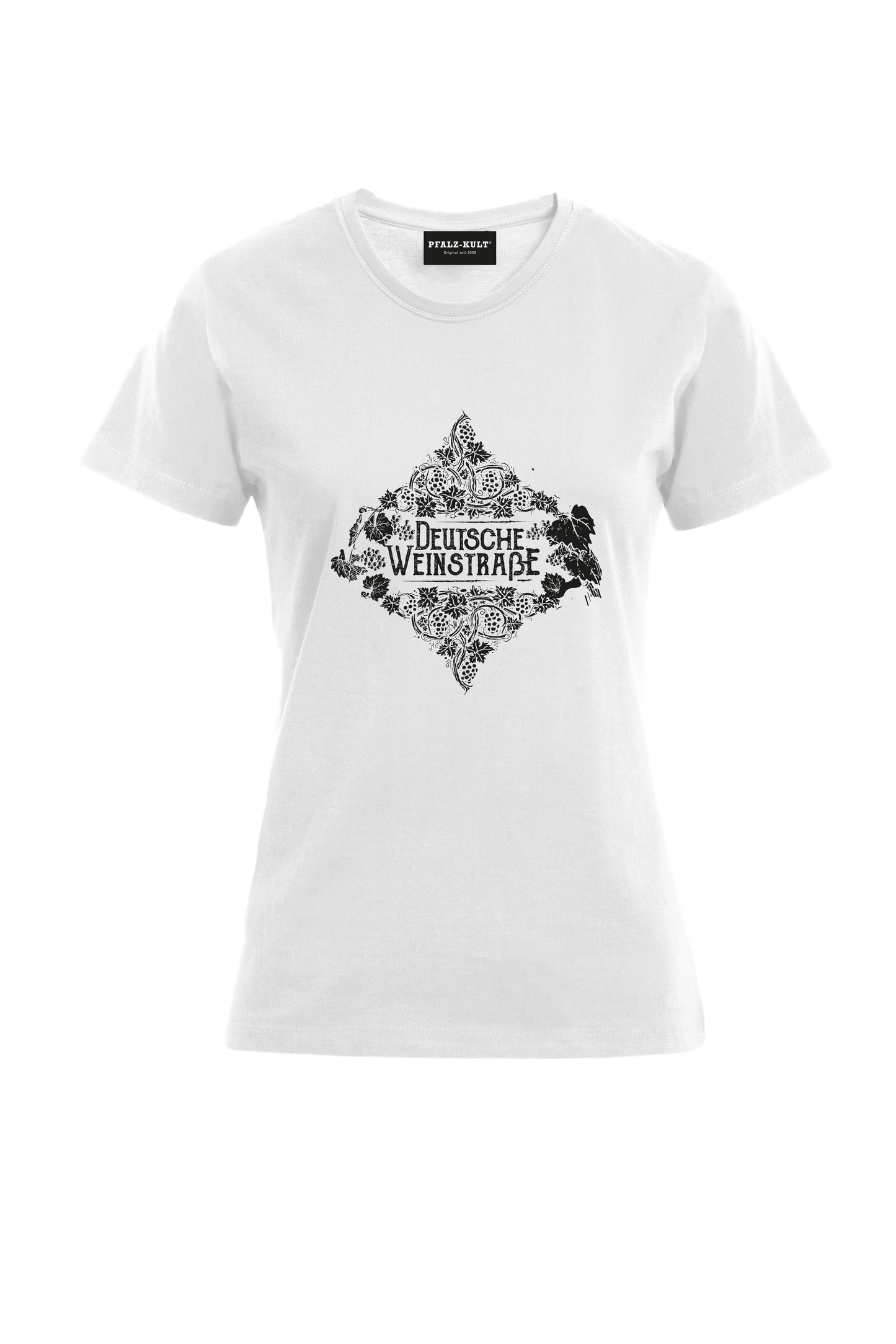 Weißes Pfalz-Kult Damen Shirt mit dem Aufdruck "Deutsche Weinstrasse" .  Das ideale Geschenk für jedes Pfalzkind vom Textildruck Spezialisten aus Bad Dürkheim.