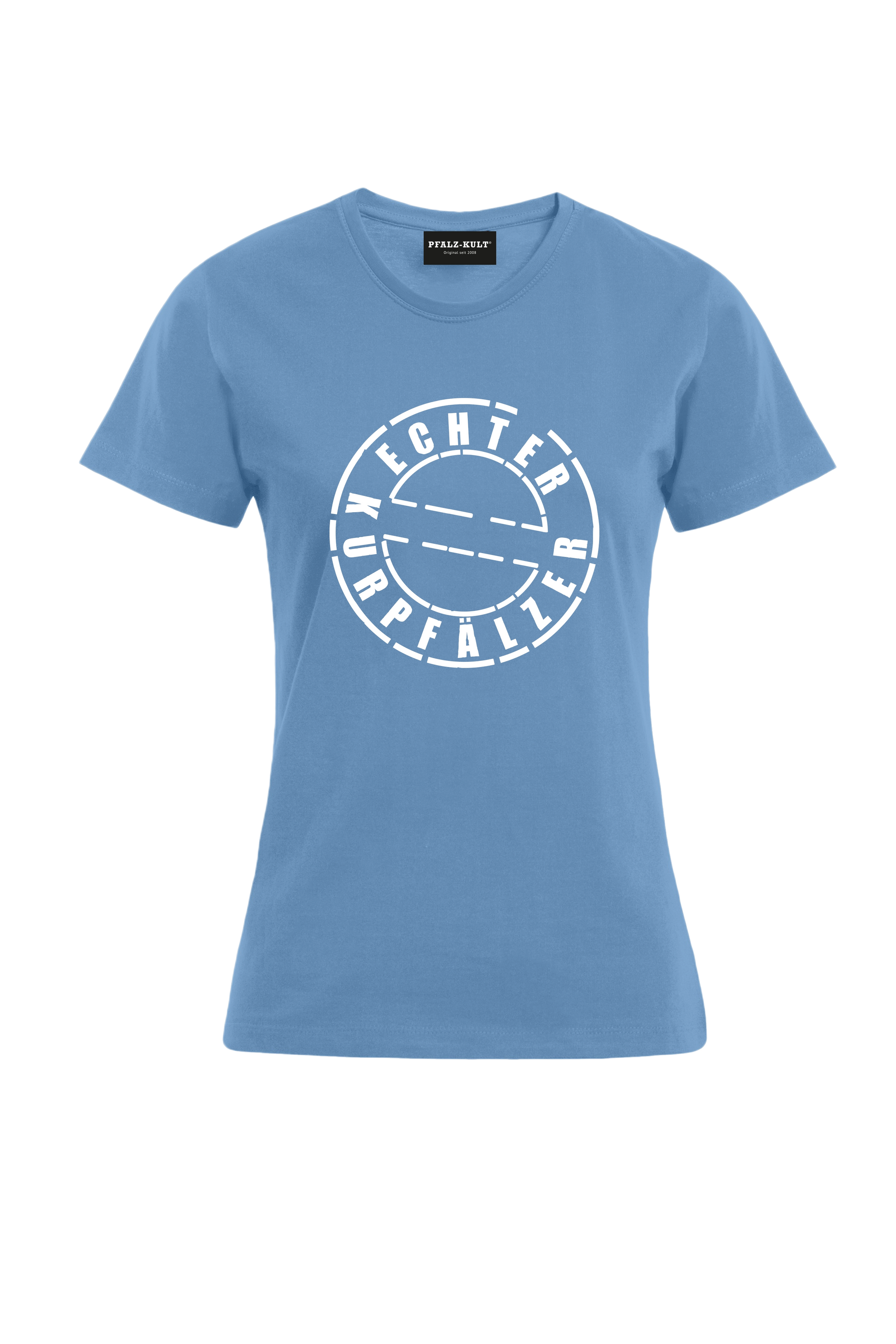 hellblaues Damen T-Shirt mit dem Aufdruck "Echter Kurpfälzer" von Pfalz-Kult. Trendige Mode aus der Pfalz für Pälzr.