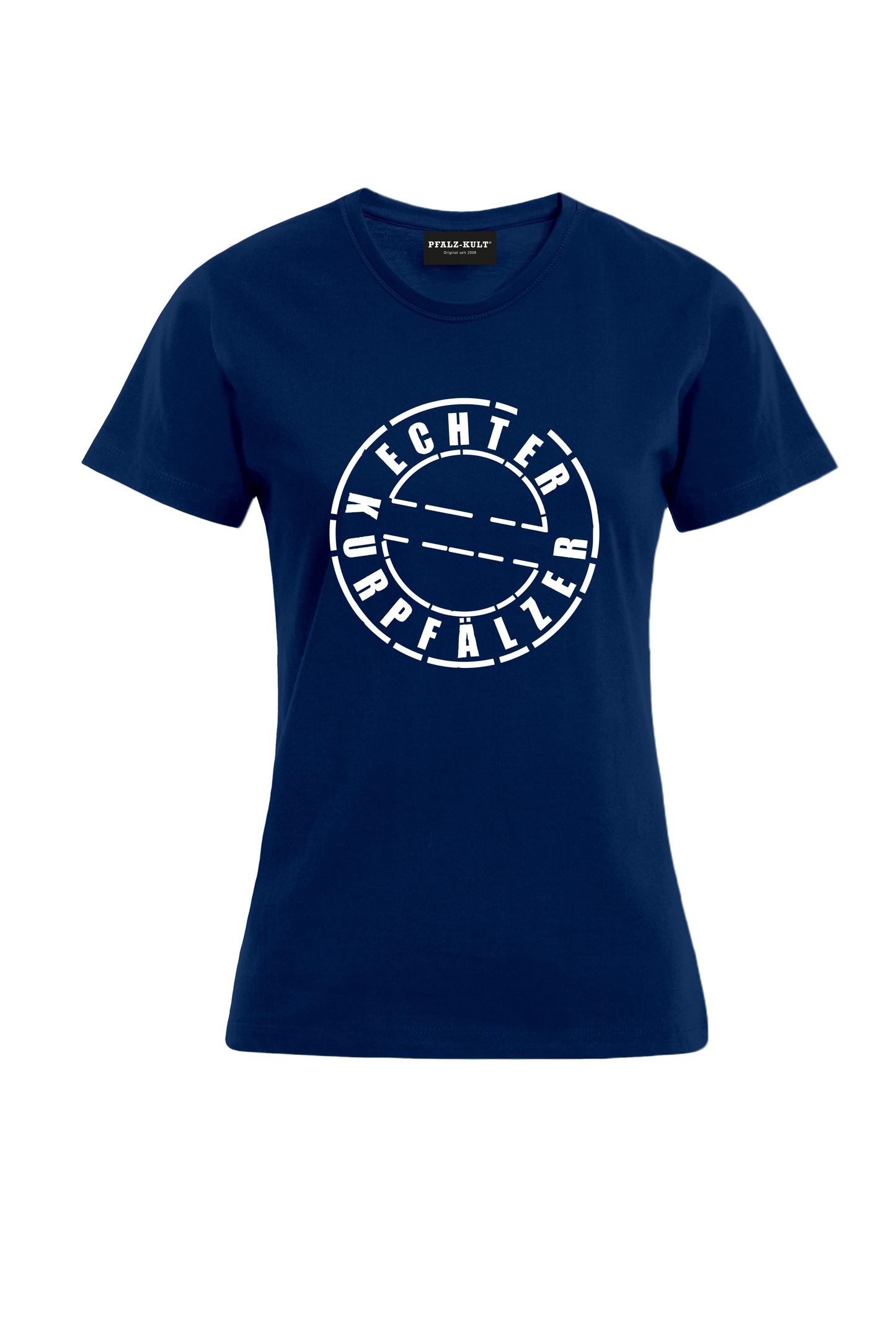 Dunkelblaues Damen T-Shirt mit dem Aufdruck "Echter Kurpfälzer" von Pfalz-Kult. Trendige Mode aus der Pfalz für Pälzr.