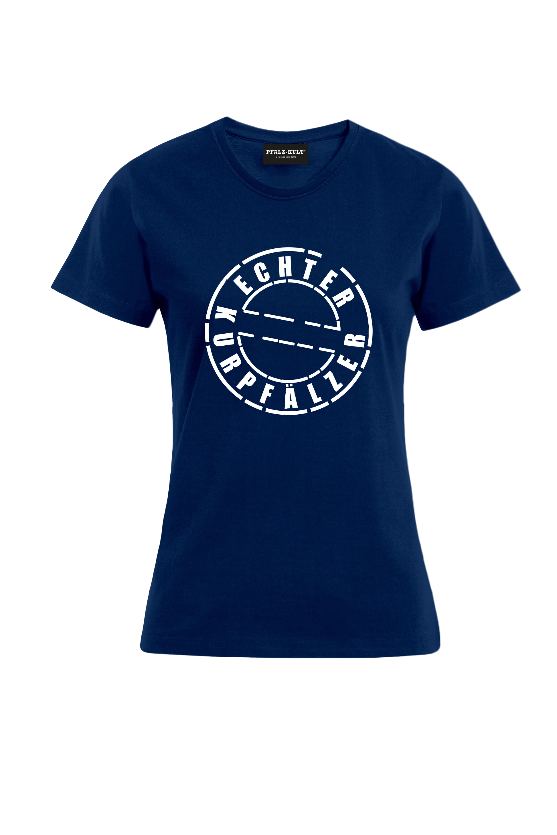Dunkelblaues Damen T-Shirt mit dem Aufdruck "Echter Kurpfälzer" von Pfalz-Kult. Trendige Mode aus der Pfalz für Pälzr.