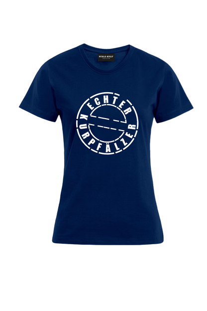 Dunkelblaues Damen T-Shirt mit dem Aufdruck "Echter Kurpfälzer" von Pfalz-Kult. Trendige Mode aus der Pfalz für Pälzr.