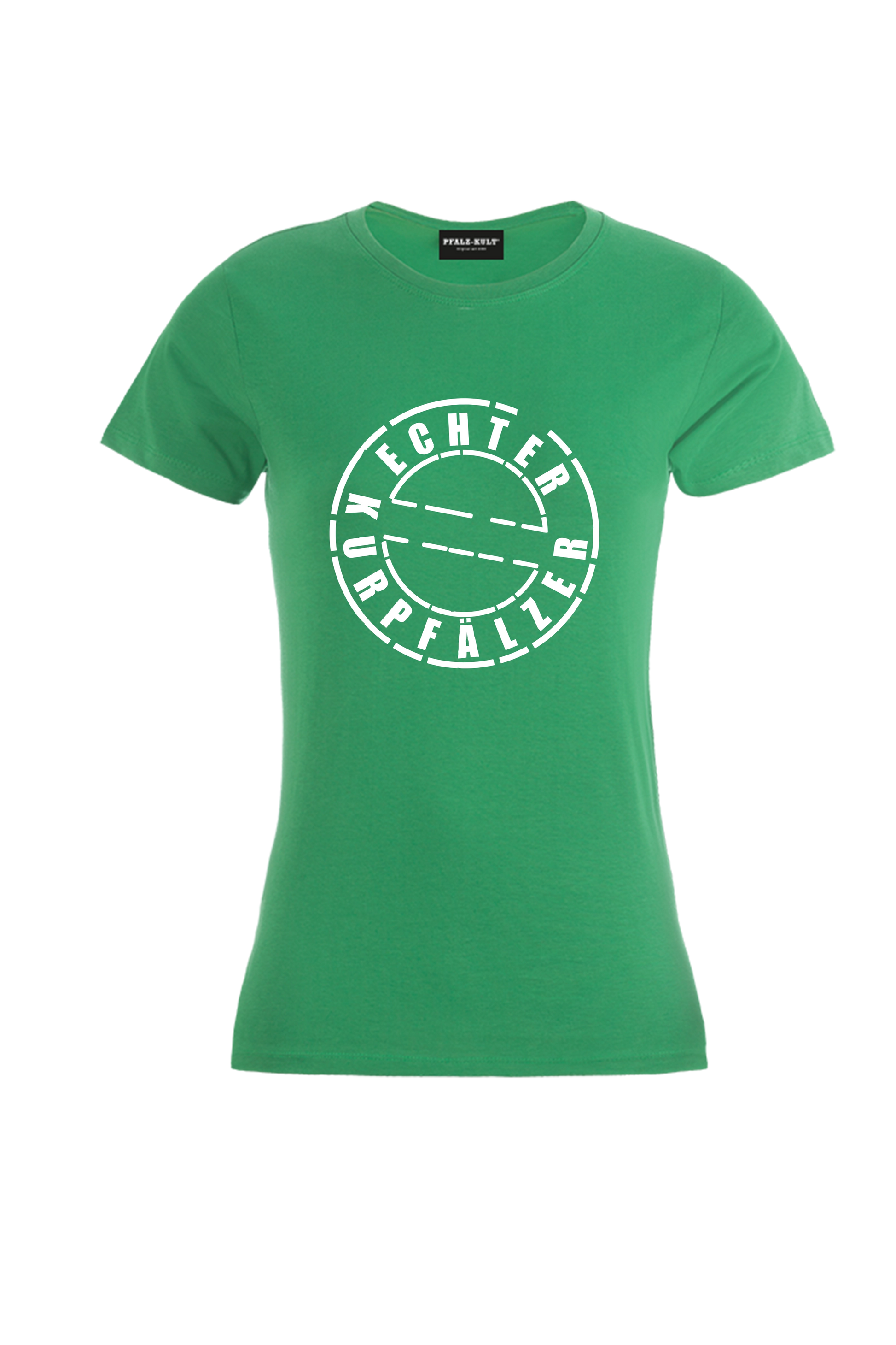 Grünes Damen T-Shirt mit dem Aufdruck "Echter Kurpfälzer" von Pfalz-Kult. Trendige Mode aus der Pfalz für Pälzr.