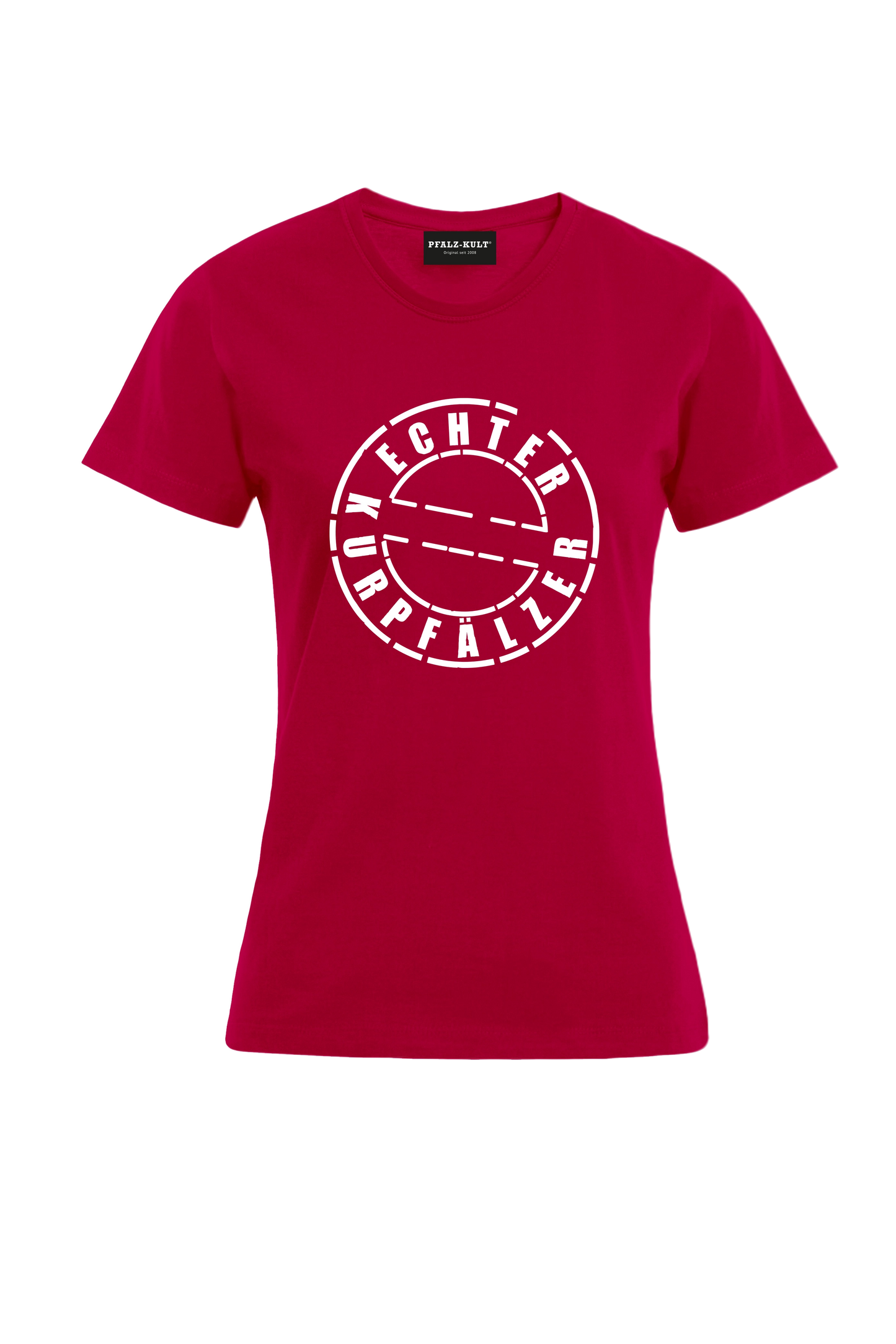 Rotes Damen T-Shirt mit dem Aufdruck "Echter Kurpfälzer" von Pfalz-Kult. Trendige Mode aus der Pfalz für Pälzr.