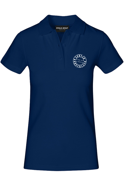 Blaues Damen Polo-Shirt mit dem Aufdruck "Echter Kurpfälzer" von Pfalz-Kult. Trendige Mode aus der Pfalz für Pälzr und Kurpfälzer