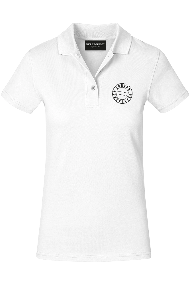 Weißes Damen Polo-Shirt mit dem Aufdruck "Echter Kurpfälzer" von Pfalz-Kult. Trendige Mode aus der Pfalz für Pälzr und Kurpfälzer