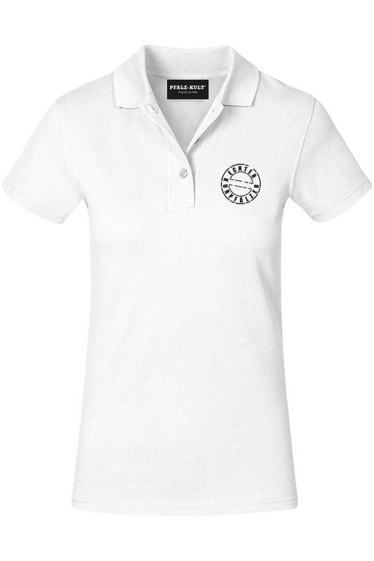 Weißes Damen Polo-Shirt mit dem Aufdruck "Echter Kurpfälzer" von Pfalz-Kult. Trendige Mode aus der Pfalz für Pälzr und Kurpfälzer