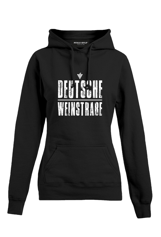 Schwarzes Hoodie mit dem Aufdruck "Deutsche Weinstrasse" .  Das ideale Geschenk für jedes Pfalzkind vom Textildruck Spezialisten aus Bad Dürkheim.