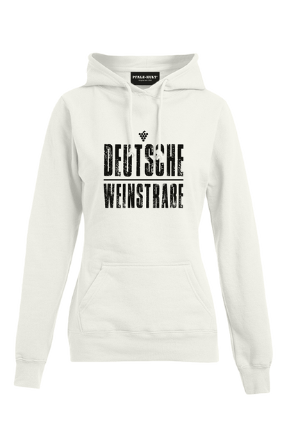 Weißes Hoodie mit dem Aufdruck "Deutsche Weinstrasse" .  Das ideale Geschenk für jedes Pfalzkind vom Textildruck Spezialisten aus Bad Dürkheim.