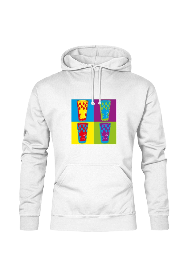 Bunte Dubbegläser auf weißem Hoodie von der Pfalzfashion Marke Pfalz-Kult