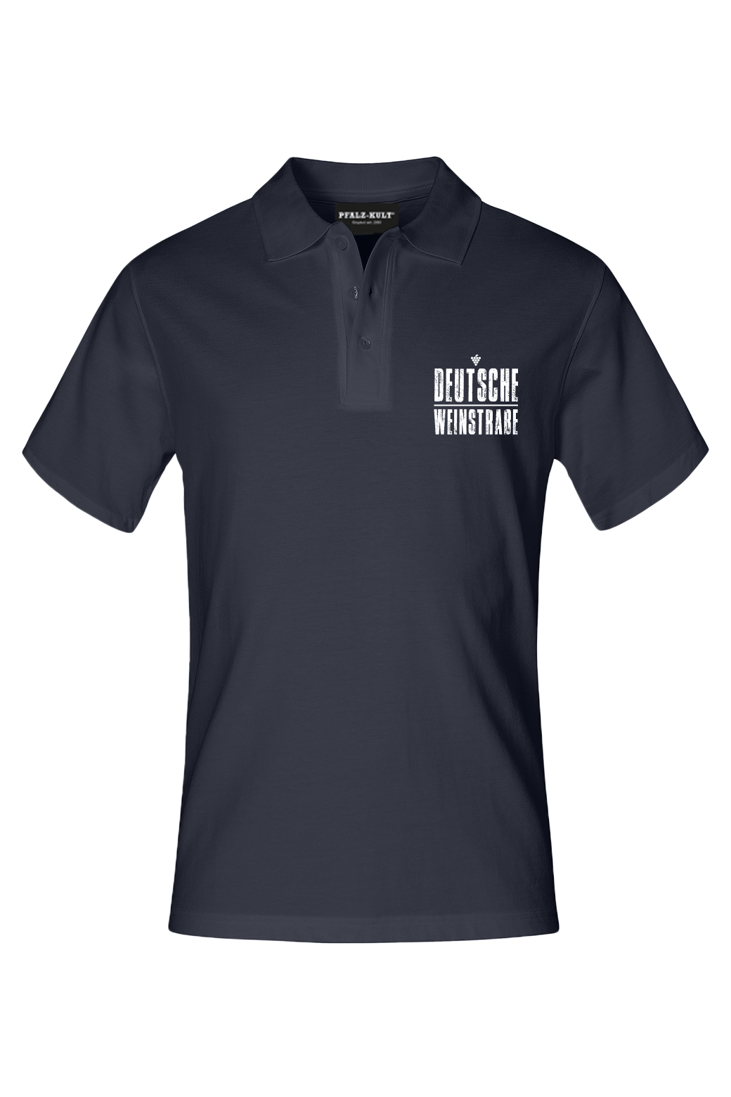 Navy farbenes Polo mit dem Aufdruck "Deutsche Weinstrasse" .  Das ideale Geschenk für jedes Pfalzkind vom Textildruck Spezialisten aus Bad Dürkheim.