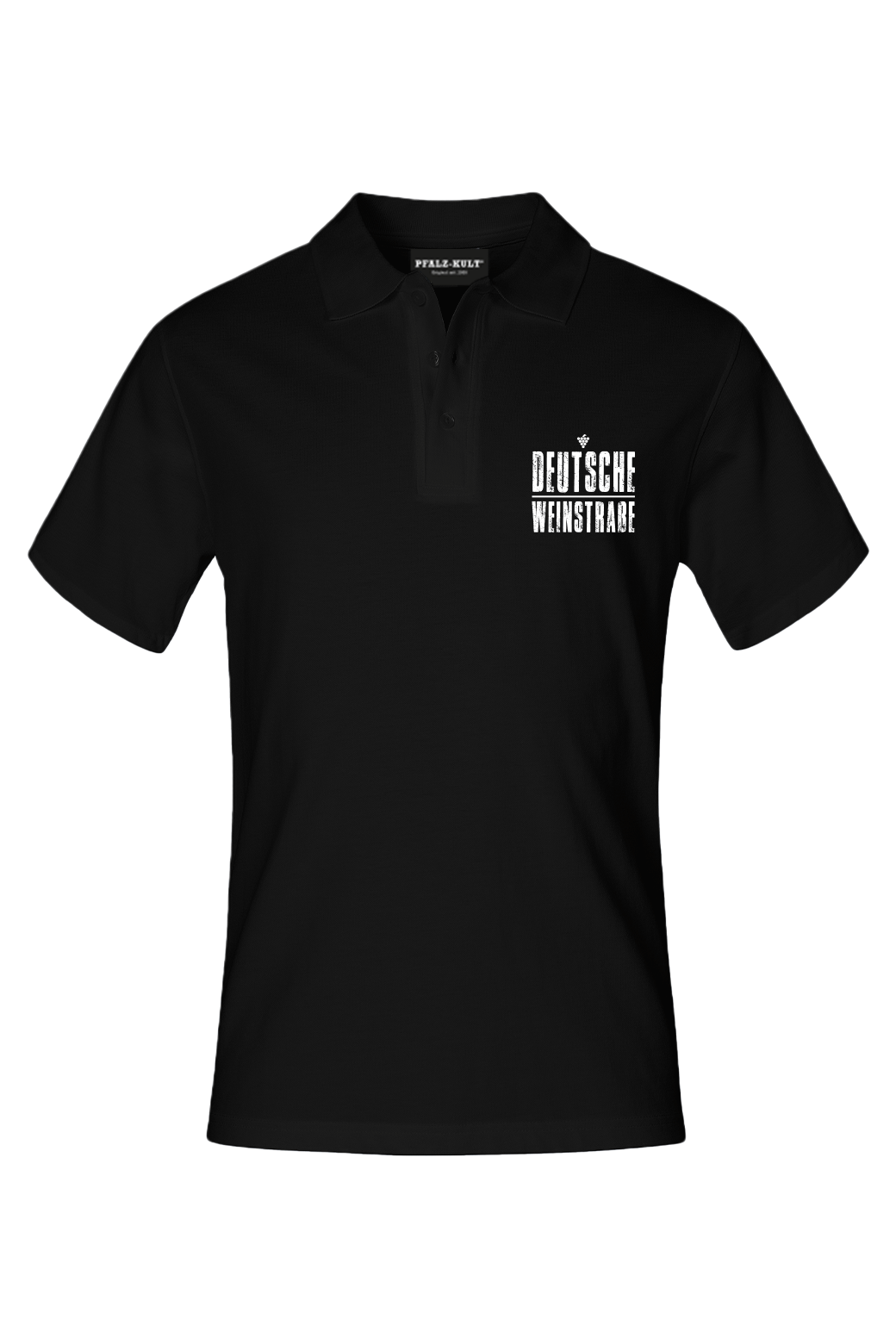 Schwarzes Polo mit dem Aufdruck "Deutsche Weinstrasse" .  Das ideale Geschenk für jedes Pfalzkind vom Textildruck Spezialisten aus Bad Dürkheim.