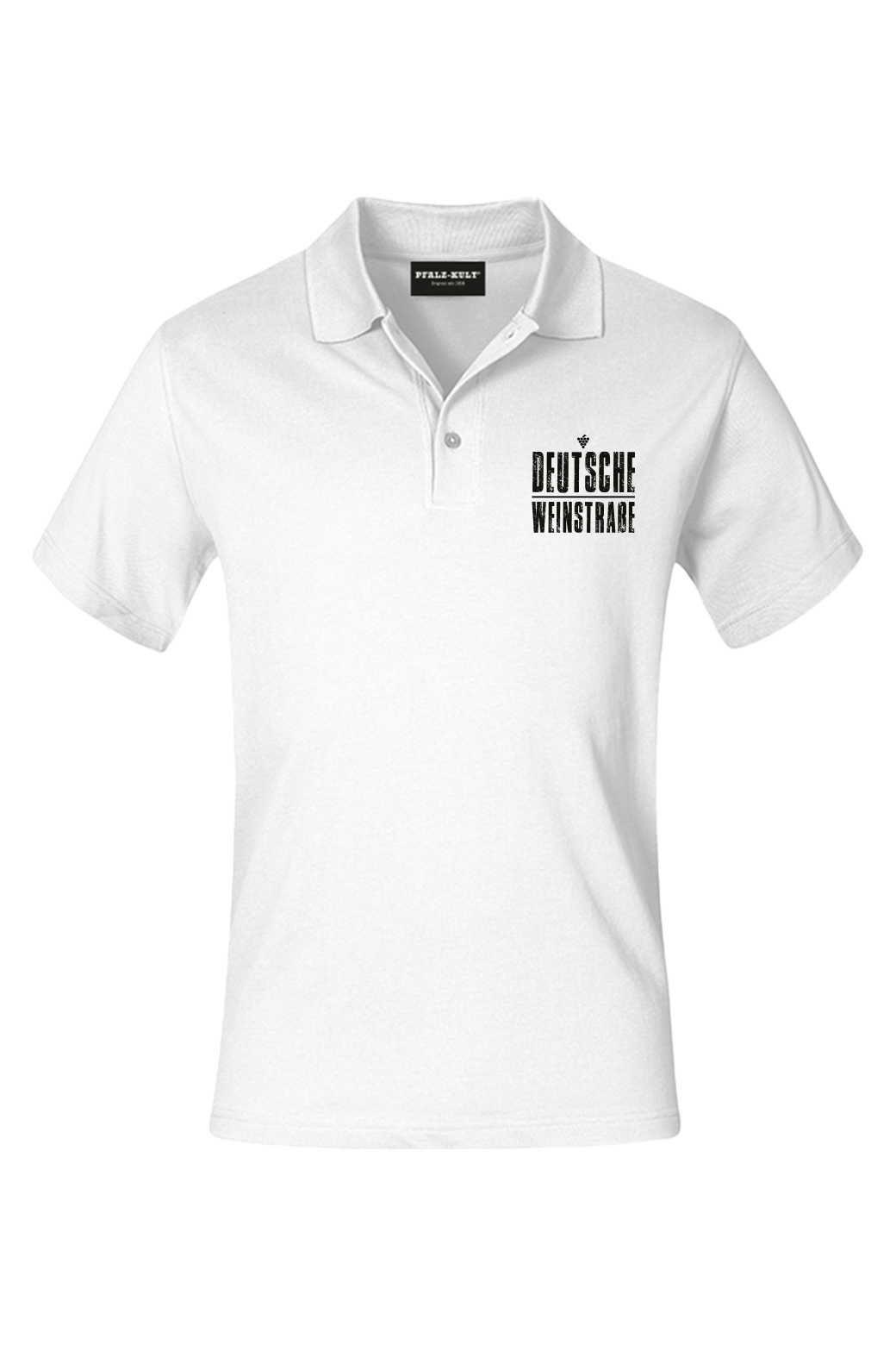 Weißes Polo mit dem Aufdruck "Deutsche Weinstrasse" .  Das ideale Geschenk für jedes Pfalzkind vom Textildruck Spezialisten aus Bad Dürkheim.