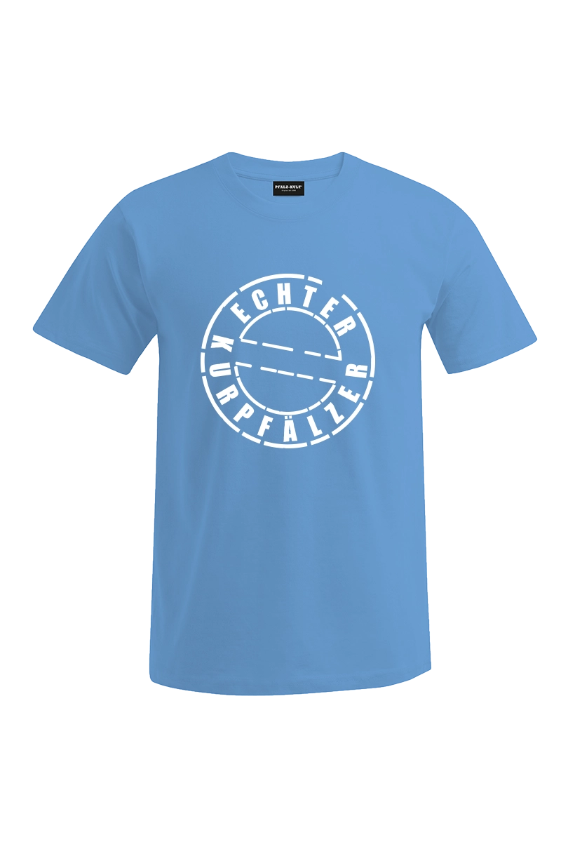 Hellblaues Herren T-Shirt mit dem Aufdruck "Echter Kurpfälzer" von Pfalz-Kult. Trendige Mode aus der Pfalz für Pälzr und Kurpfälzer