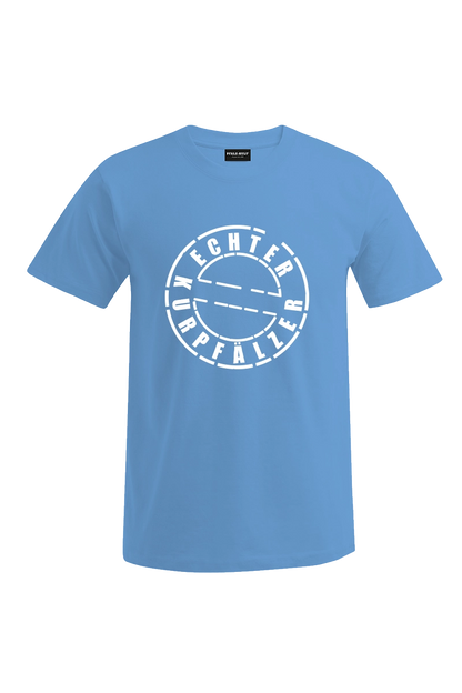 Hellblaues Herren T-Shirt mit dem Aufdruck "Echter Kurpfälzer" von Pfalz-Kult. Trendige Mode aus der Pfalz für Pälzr und Kurpfälzer