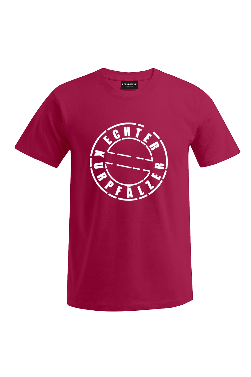 Rotes Herren T-Shirt mit dem Aufdruck "Echter Kurpfälzer" von Pfalz-Kult. Trendige Mode aus der Pfalz für Pälzr und Kurpfälzer