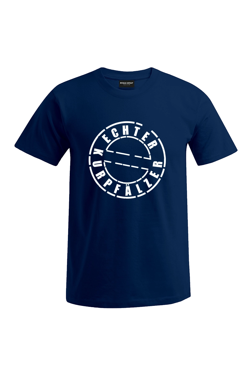Blaues Herren T-Shirt mit dem Aufdruck "Echter Kurpfälzer" von Pfalz-Kult. Trendige Mode aus der Pfalz für Pälzr und Kurpfälzer