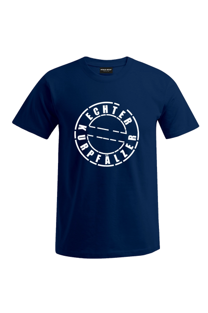 Blaues Herren T-Shirt mit dem Aufdruck "Echter Kurpfälzer" von Pfalz-Kult. Trendige Mode aus der Pfalz für Pälzr und Kurpfälzer