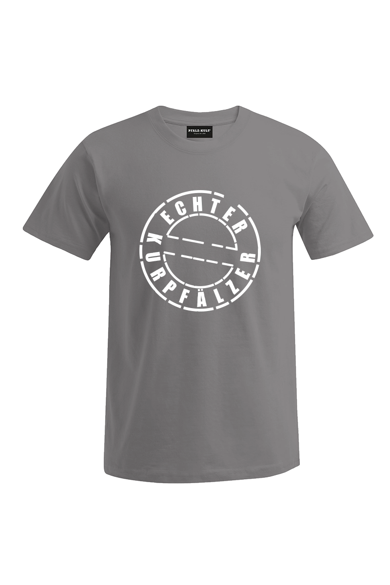 Graues Herren T-Shirt mit dem Aufdruck "Echter Kurpfälzer" von Pfalz-Kult. Trendige Mode aus der Pfalz für Pälzr. und Kurpfälzer.