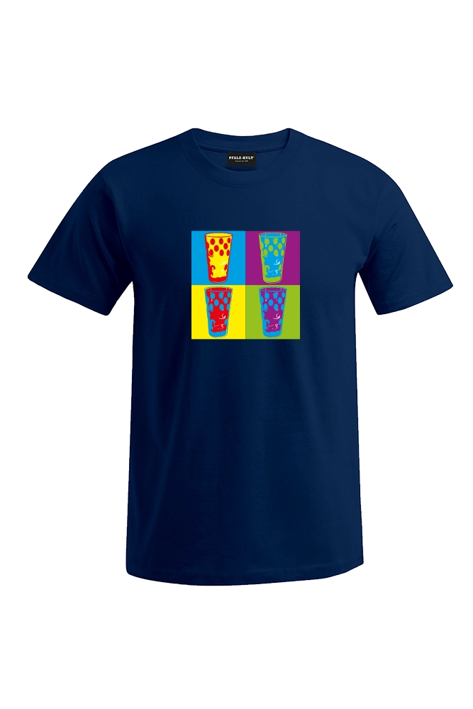 Pfälzershirts von Pfalz-Kult. Dunkelblaues T-Shirt mit bunten Dubbegläsern. Die Geschenkidee für Pälzer. Pfälzer Sprüche aus Bad Dürkheim