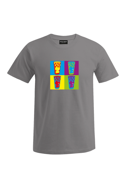 Pfälzershirts von Pfalz-Kult. hellgraues T-Shirt mit bunten Dubbegläsern. Die Geschenkidee für Pälzer. Pfälzer Sprüche aus Bad Dürkheim