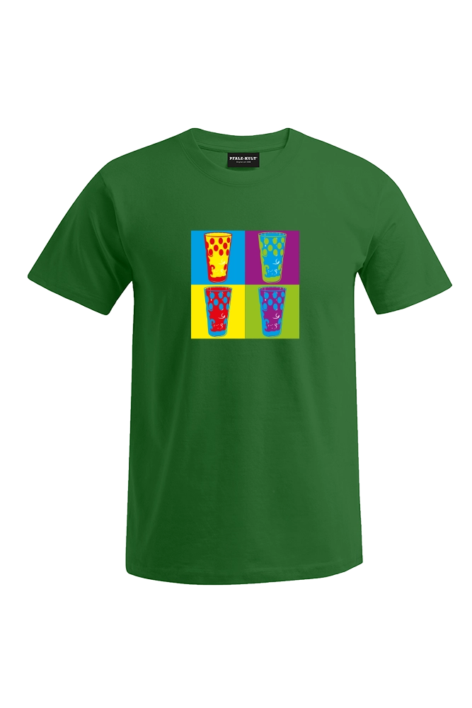 Pfälzershirts von Pfalz-Kult. Grünes T-Shirt mit bunten Dubbegläsern. Die Geschenkidee für Pälzer. Pfälzer Sprüche aus Bad Dürkheim