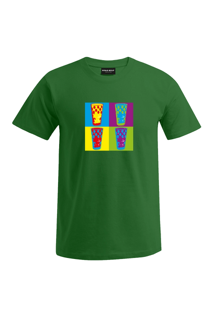 Pfälzershirts von Pfalz-Kult. Grünes T-Shirt mit bunten Dubbegläsern. Die Geschenkidee für Pälzer. Pfälzer Sprüche aus Bad Dürkheim