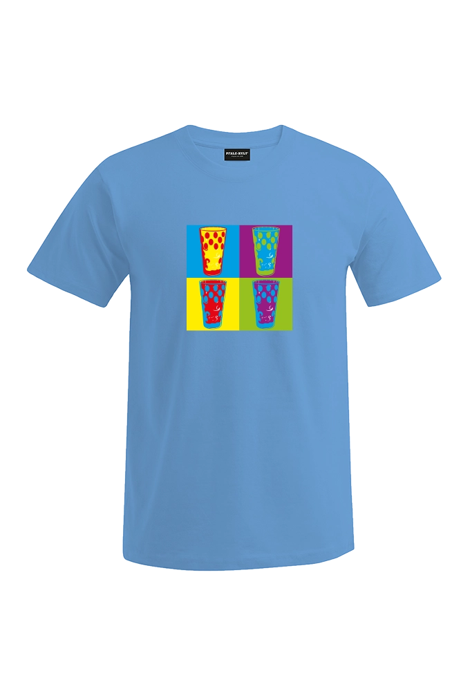 Pfälzershirts von Pfalz-Kult. Hellblaues T-Shirt mit bunten Dubbegläsern. Die Geschenkidee für Pälzer. Pfälzer Sprüche aus Bad Dürkheim