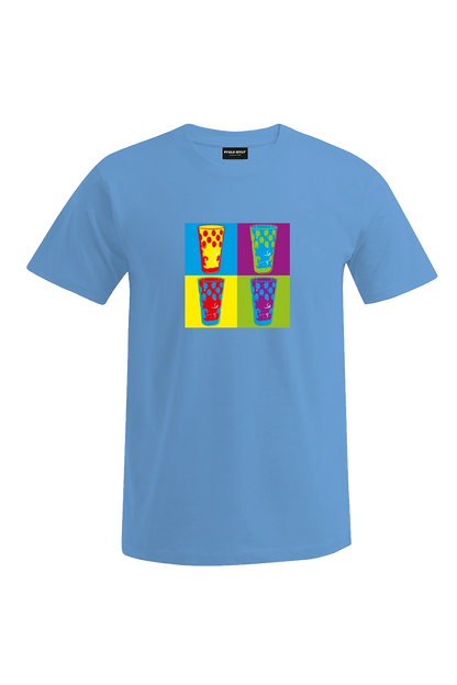 Pfälzershirts von Pfalz-Kult. Hellblaues T-Shirt mit bunten Dubbegläsern. Die Geschenkidee für Pälzer. Pfälzer Sprüche aus Bad Dürkheim