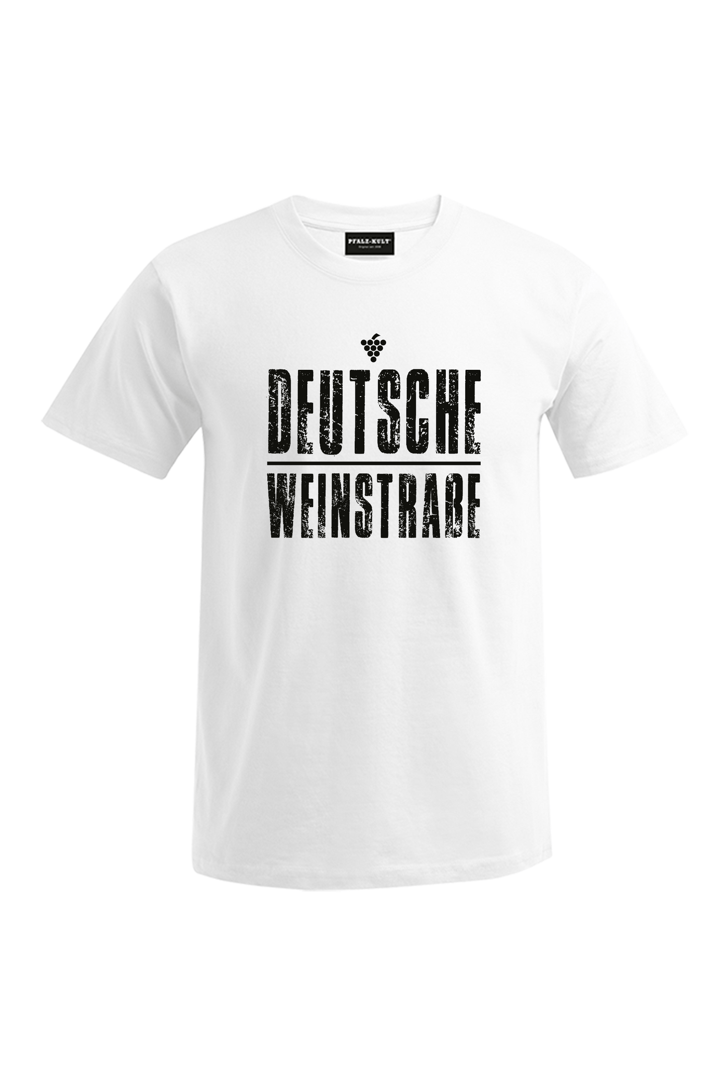 Weißes T-Shirt mit dem Aufdruck "Deutsche Weinstrasse" .  Das ideale Geschenk für jedes Pfalzkind vom Textildruck Spezialisten aus Bad Dürkheim.