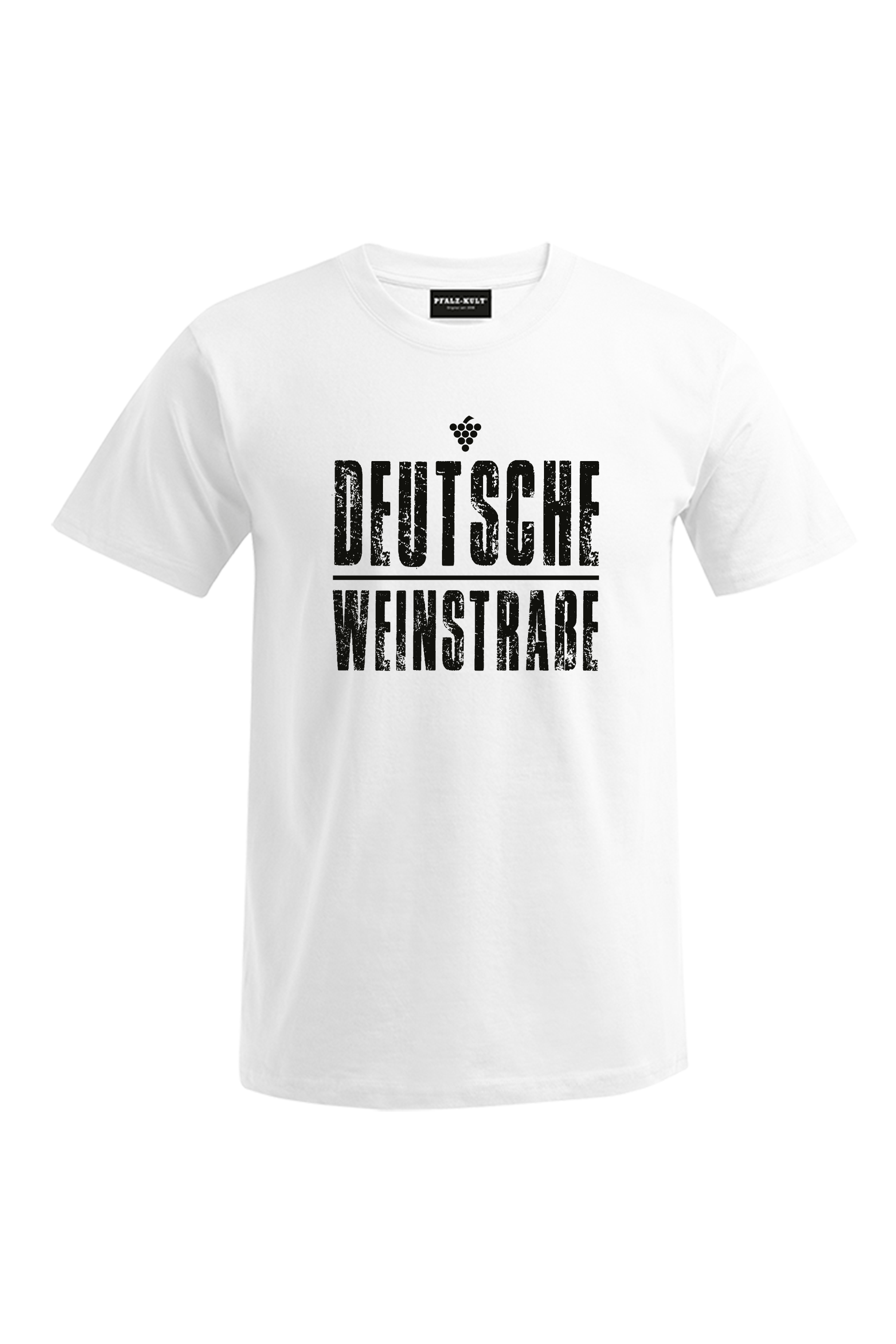 Weißes T-Shirt mit dem Aufdruck "Deutsche Weinstrasse" .  Das ideale Geschenk für jedes Pfalzkind vom Textildruck Spezialisten aus Bad Dürkheim.