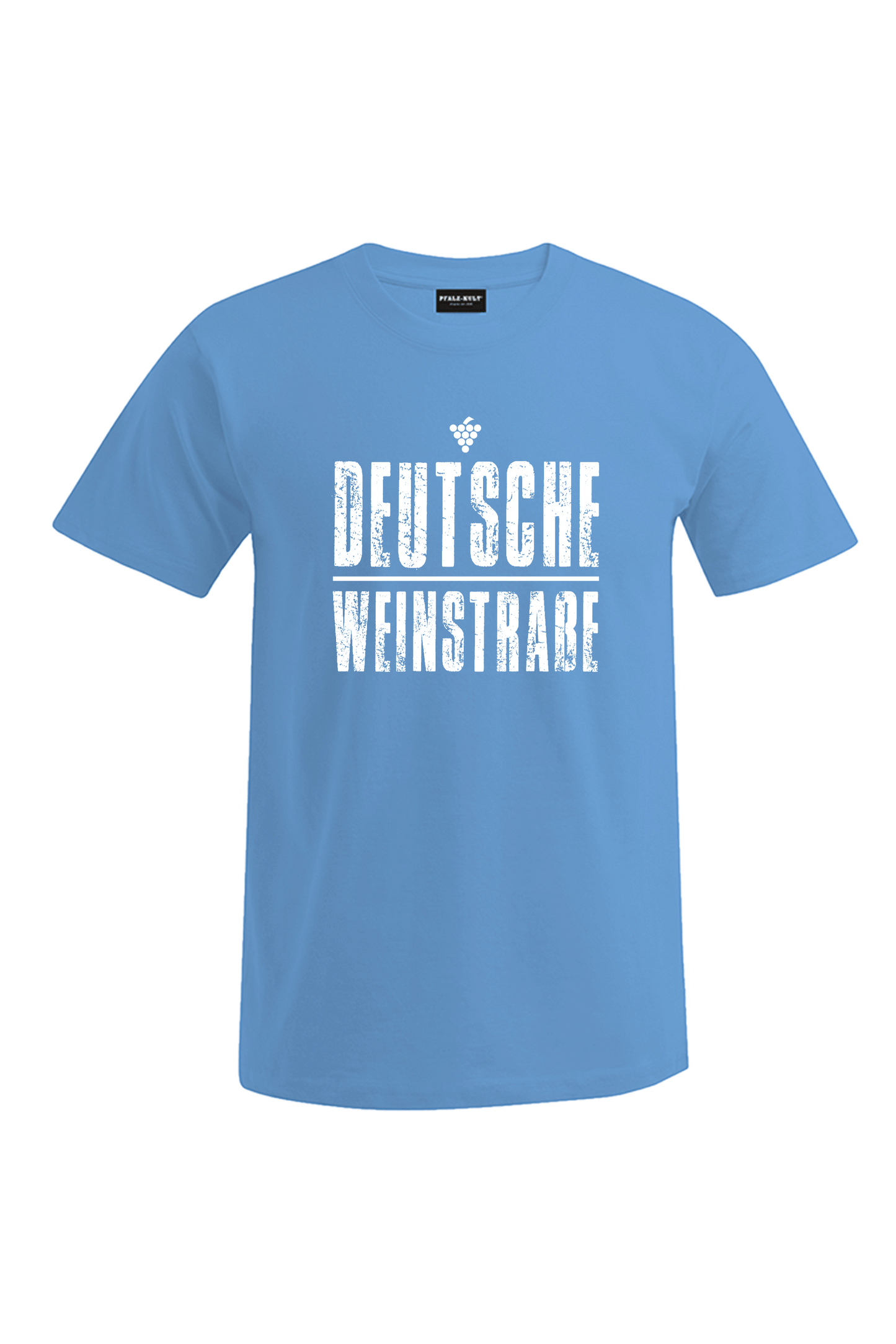 Hellblaues T-Shirt mit dem Aufdruck "Deutsche Weinstrasse" .  Das ideale Geschenk für jedes Pfalzkind vom Textildruck Spezialisten aus Bad Dürkheim.