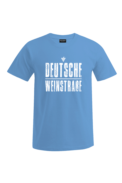 Hellblaues T-Shirt mit dem Aufdruck "Deutsche Weinstrasse" .  Das ideale Geschenk für jedes Pfalzkind vom Textildruck Spezialisten aus Bad Dürkheim.