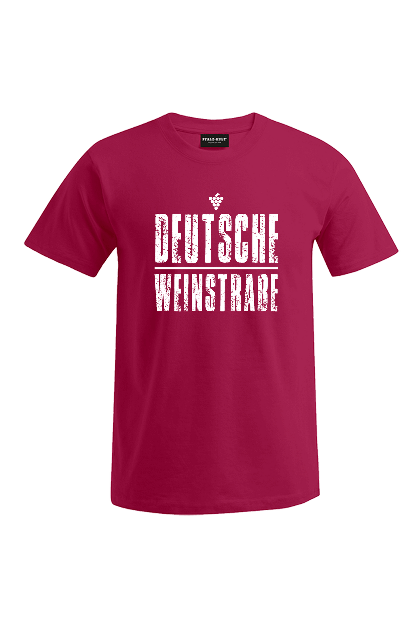 Rotes T-Shirt mit dem Aufdruck "Deutsche Weinstrasse" .  Das ideale Geschenk für jedes Pfalzkind vom Textildruck Spezialisten aus Bad Dürkheim.