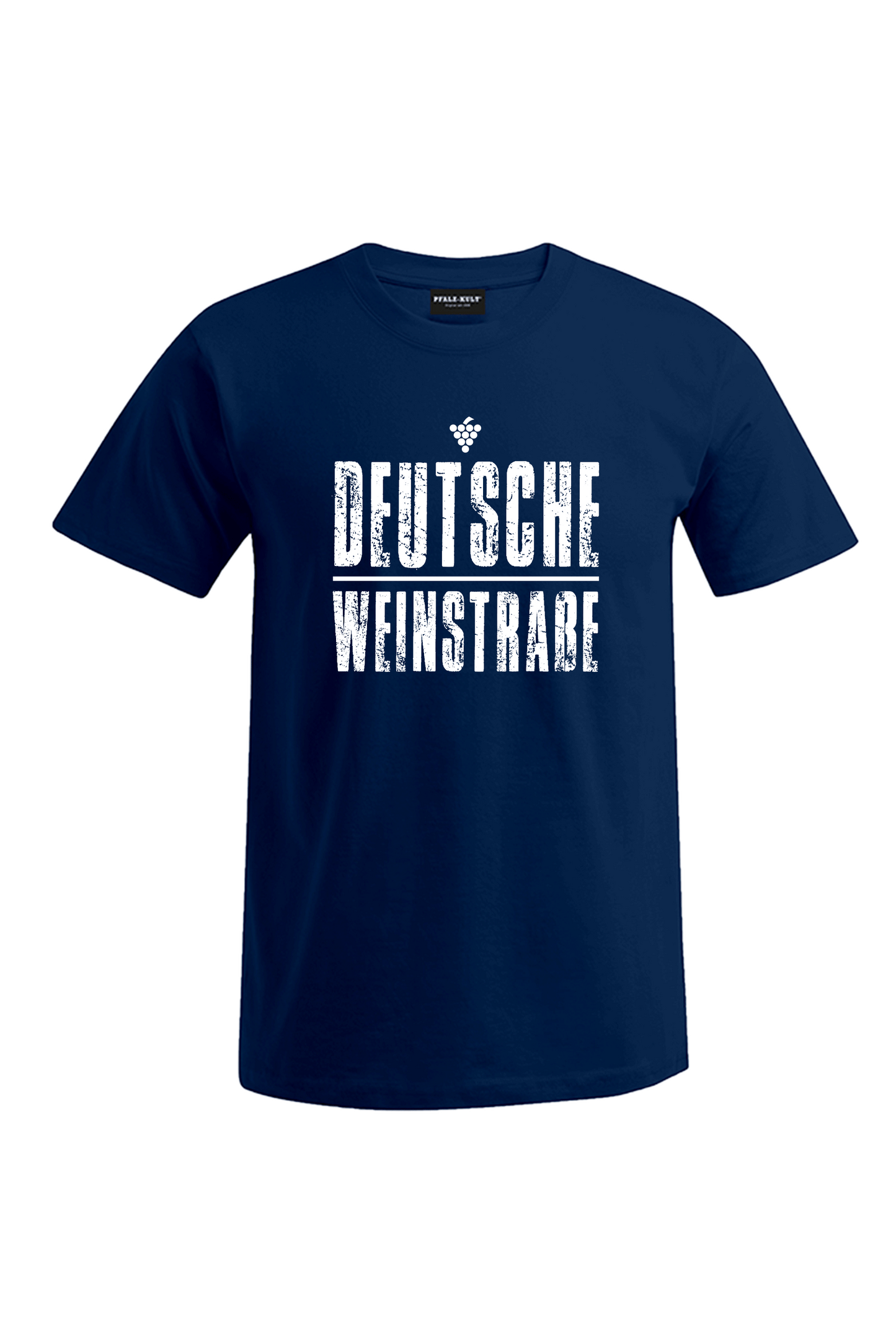 Blaues T-Shirt mit dem Aufdruck "Deutsche Weinstrasse" .  Das ideale Geschenk für jedes Pfalzkind vom Textildruck Spezialisten aus Bad Dürkheim.