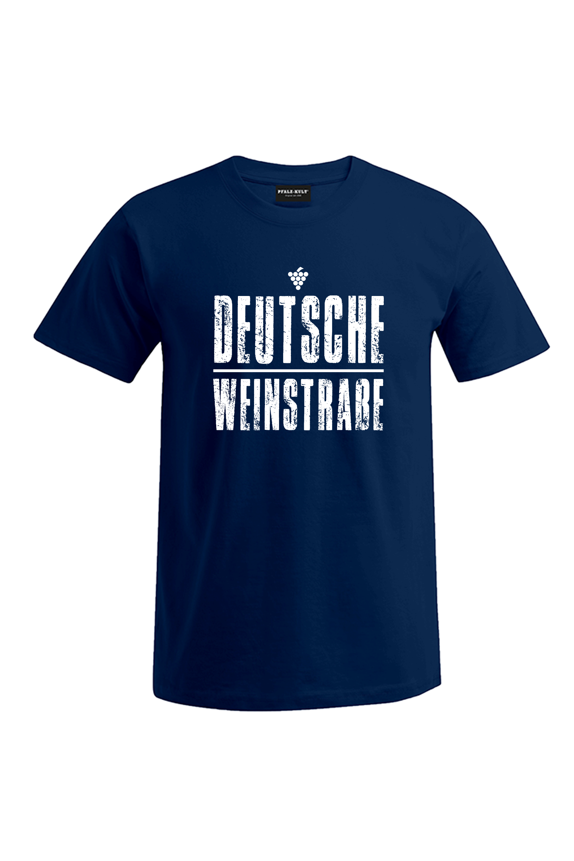 Blaues T-Shirt mit dem Aufdruck "Deutsche Weinstrasse" .  Das ideale Geschenk für jedes Pfalzkind vom Textildruck Spezialisten aus Bad Dürkheim.