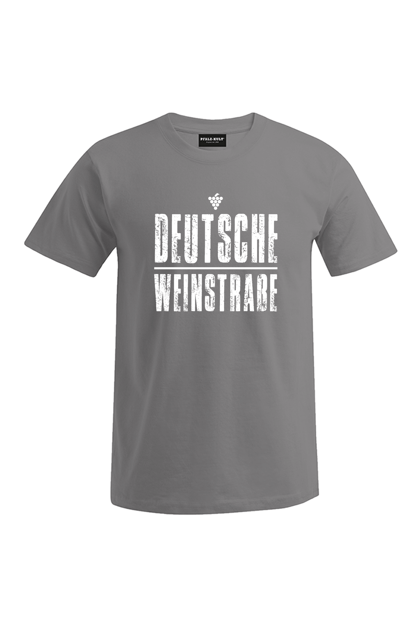 Graues T-Shirt mit dem Aufdruck "Deutsche Weinstrasse" .  Das ideale Geschenk für jedes Pfalzkind vom Textildruck Spezialisten aus Bad Dürkheim.