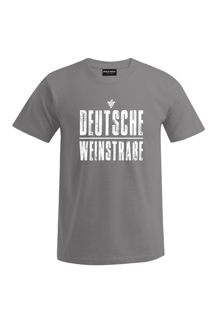 Graues T-Shirt mit dem Aufdruck "Deutsche Weinstrasse" .  Das ideale Geschenk für jedes Pfalzkind vom Textildruck Spezialisten aus Bad Dürkheim.