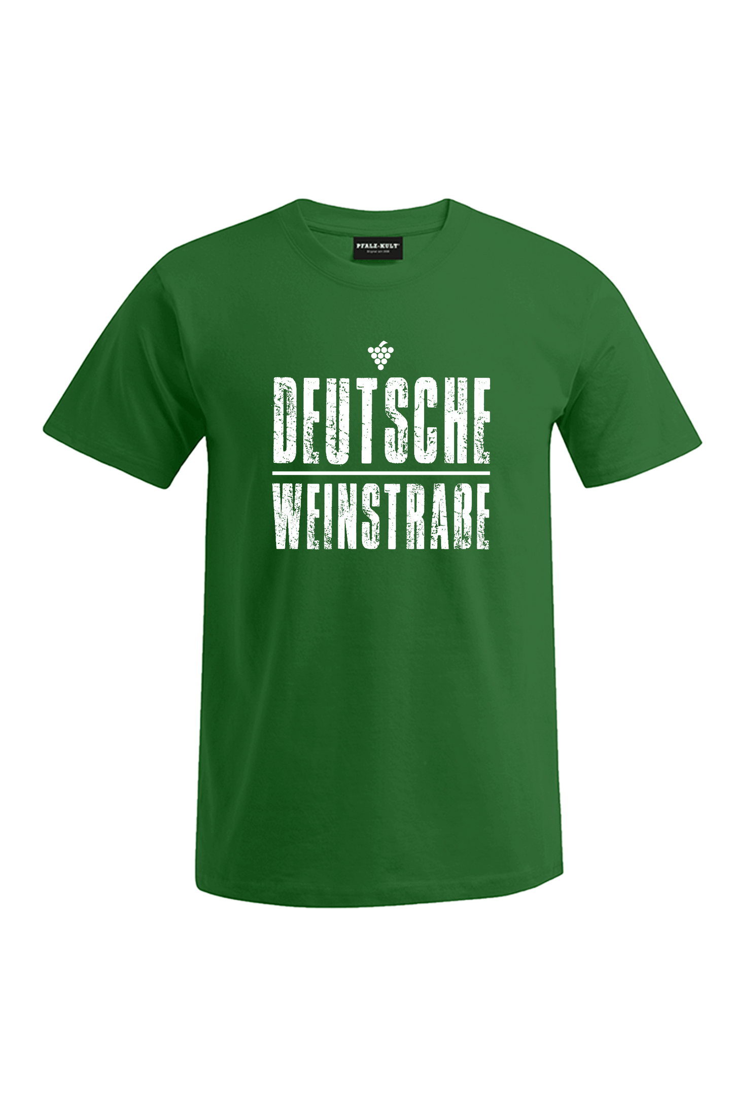 Grünes T-Shirt mit dem Aufdruck "Deutsche Weinstrasse" .  Das ideale Geschenk für jedes Pfalzkind vom Textildruck Spezialisten aus Bad Dürkheim.