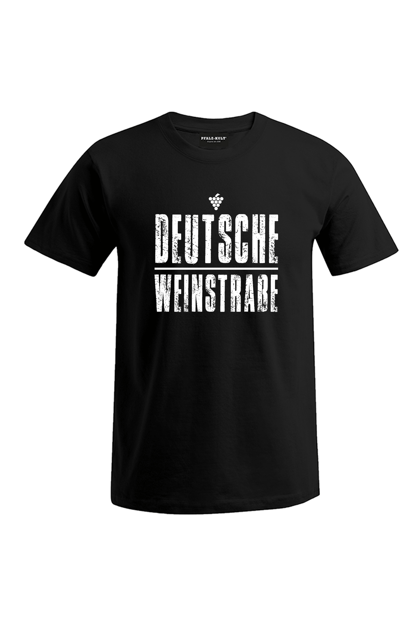 Schwarzes T-Shirt mit dem Aufdruck "Deutsche Weinstrasse" .  Das ideale Geschenk für jedes Pfalzkind vom Textildruck Spezialisten aus Bad Dürkheim.